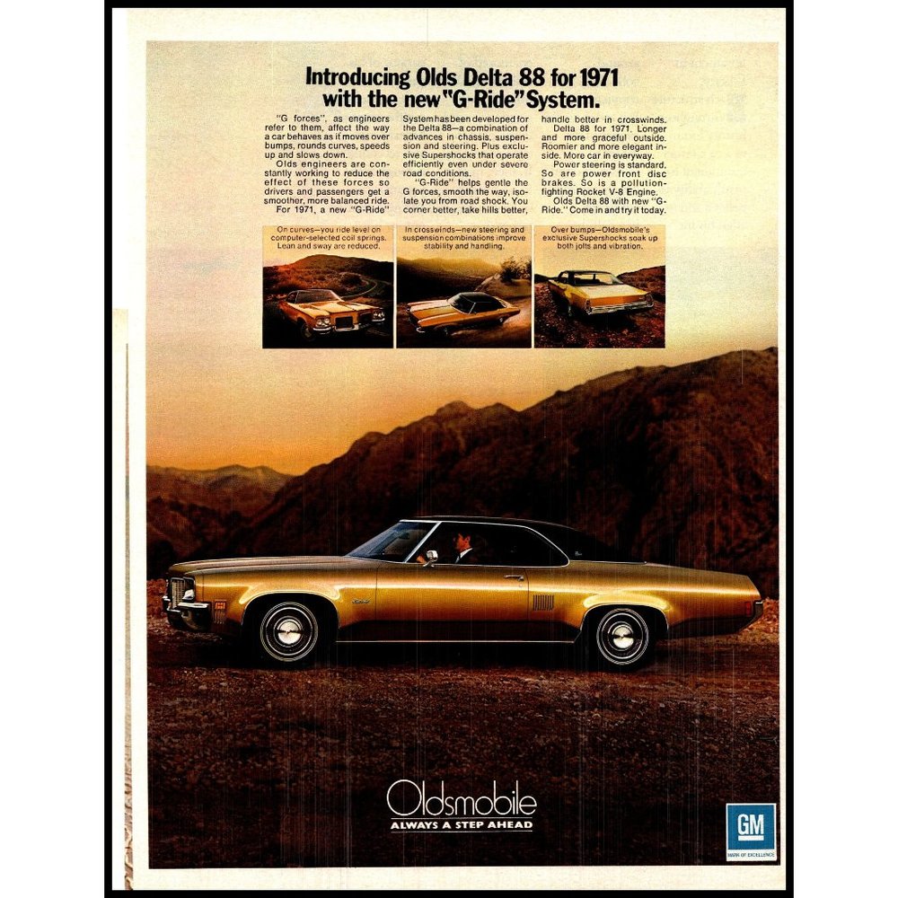 1971 Oldsmobile Delta 88 2 Door Hardtop G-Ride Vintage Print Ad Mountains Art